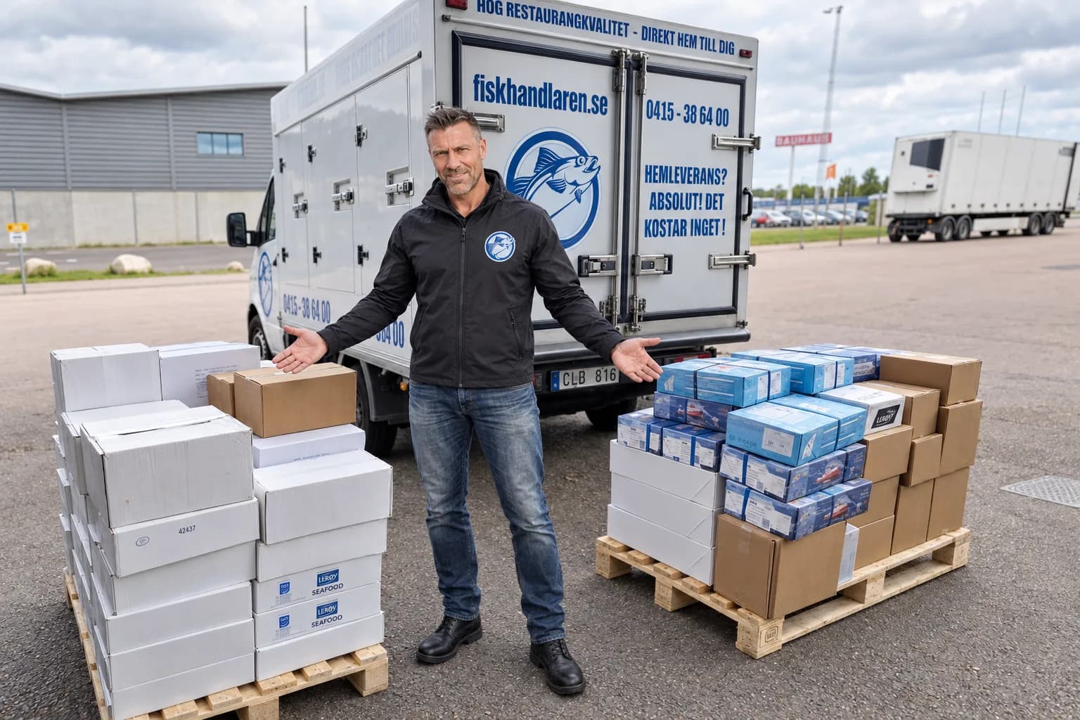 Fredrik Hjelm framför sin frysbil med pallar av fisk och skaldjur